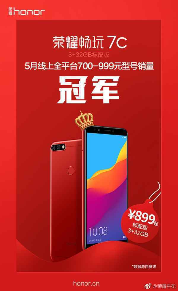 荣耀畅玩7C标配版获5月线上全平台700-999元销量冠军